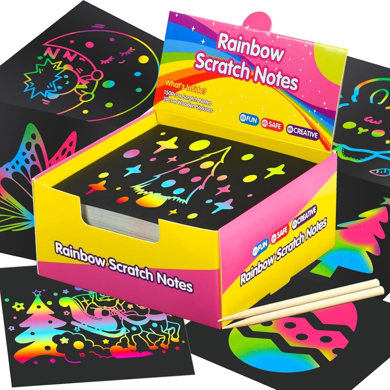 150-Pack Rainbow Scratch Notes for Kids – Fun Stocking Stuffers & Party Favors, Mini Scratch Art Pads with Wooden Styluses for Boys & Girls Ages 4–12 (Rainbow)